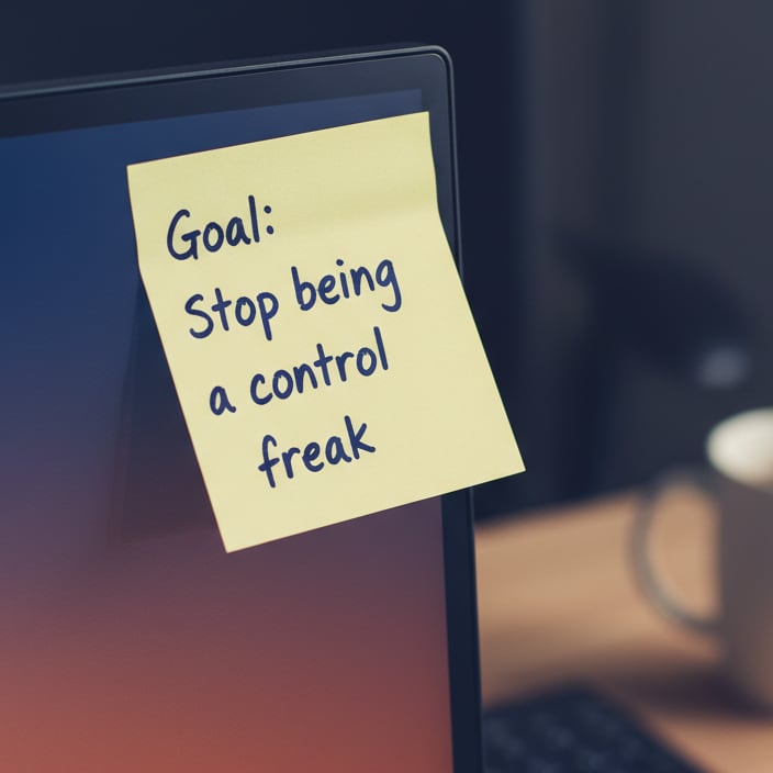 Sticky note on laptop screen with goal to stop being a control freak