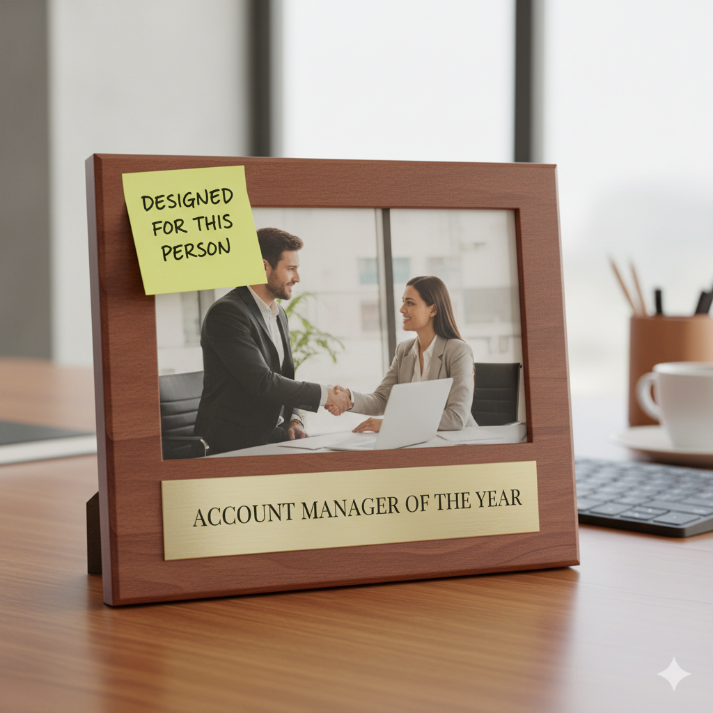 Picture frame with sticky note saying 'Designed for this person' and 'Account Manager of the Year' plaque