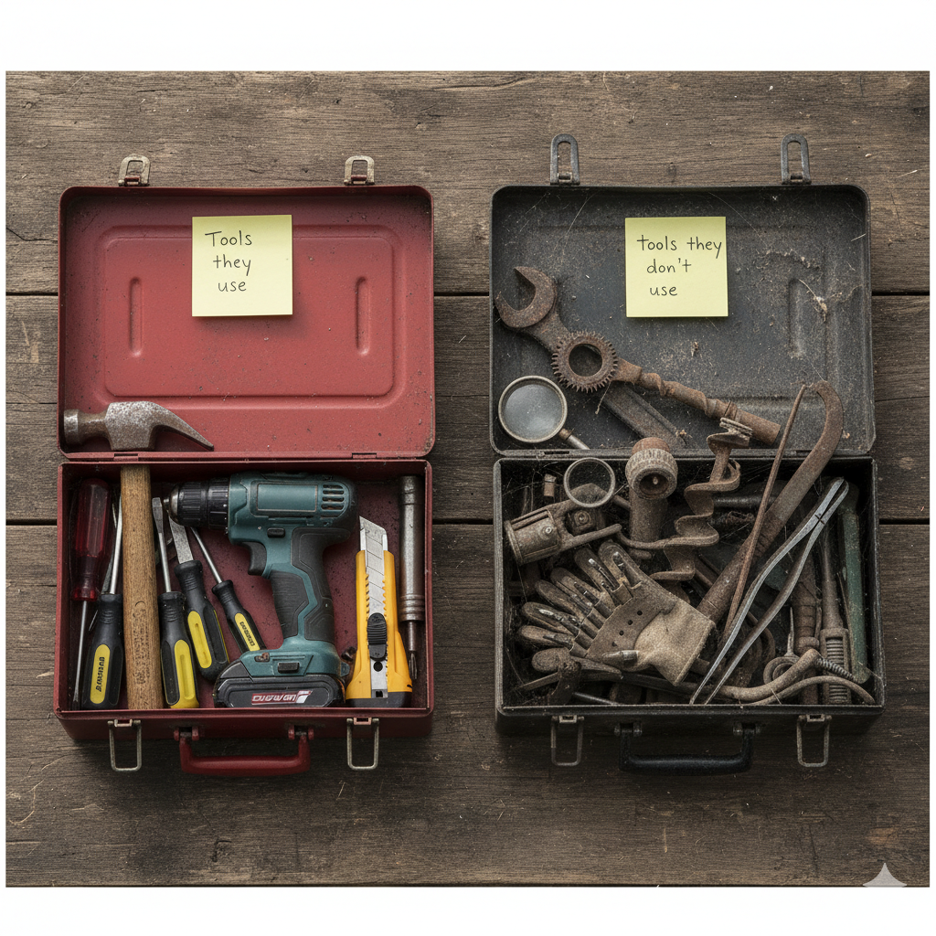 Two toolboxes side by side - one with modern tools labeled 'Tools they use' and one with old rusty tools labeled 'Tools they don't use'